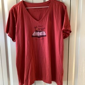 Life Is Good Red V-Neck Tee with Open Book Graphic